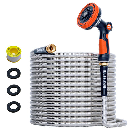 Rosy Earth Stainless Steel Garden Hose - Available in 25, 50, 75, and 100 Feet Lengths, Durable No-Kink Flexible Hose with Sprayer for Efficient Watering and Irrigation Solutions