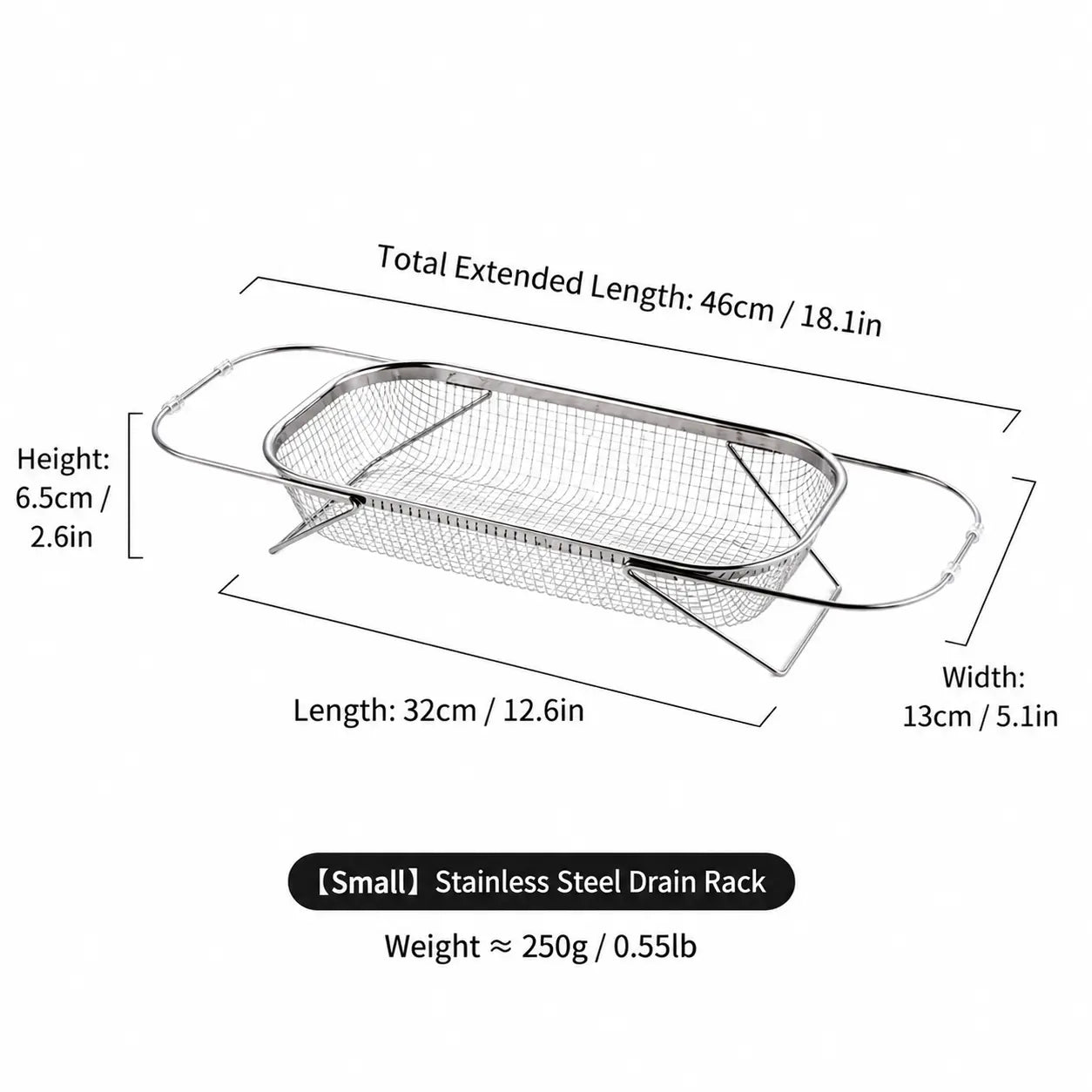 Stainless Steel Expandable Over-The-Sink Colander, Fine Mesh Rectangle Strainer Basket with Handles, Silver Kitchen Essential Utensil