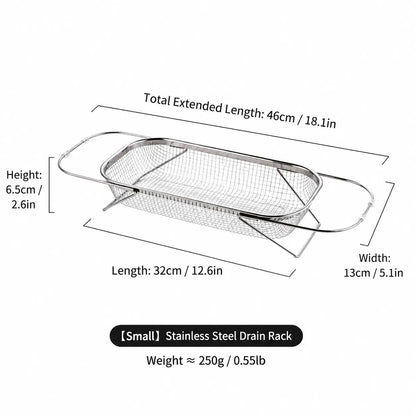 Stainless Steel Expandable Over-The-Sink Colander, Fine Mesh Rectangle Strainer Basket with Handles, Silver Kitchen Essential Utensil