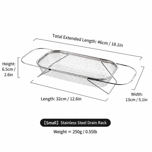 Stainless Steel Expandable Over-The-Sink Colander, Fine Mesh Rectangle Strainer Basket with Handles, Silver Kitchen Essential Utensil