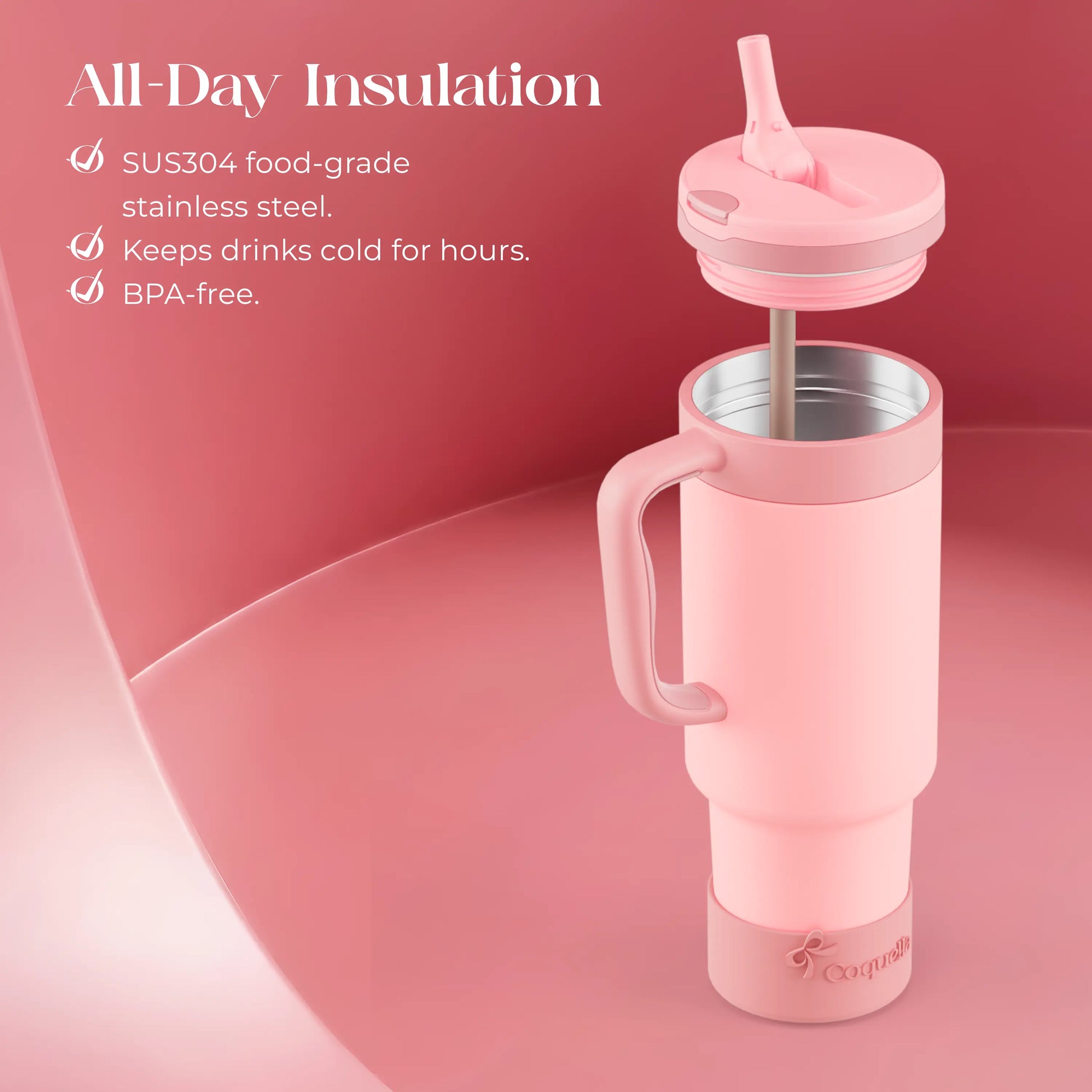 Coquella 40 oz Stainless Steel Insulated Tumbler with Handle and Push-Button Straw Lid, BPA-Free Travel Cup for Gym and Office, Leakproof Design with Silicone Boot, Pink (Rose Quartz)