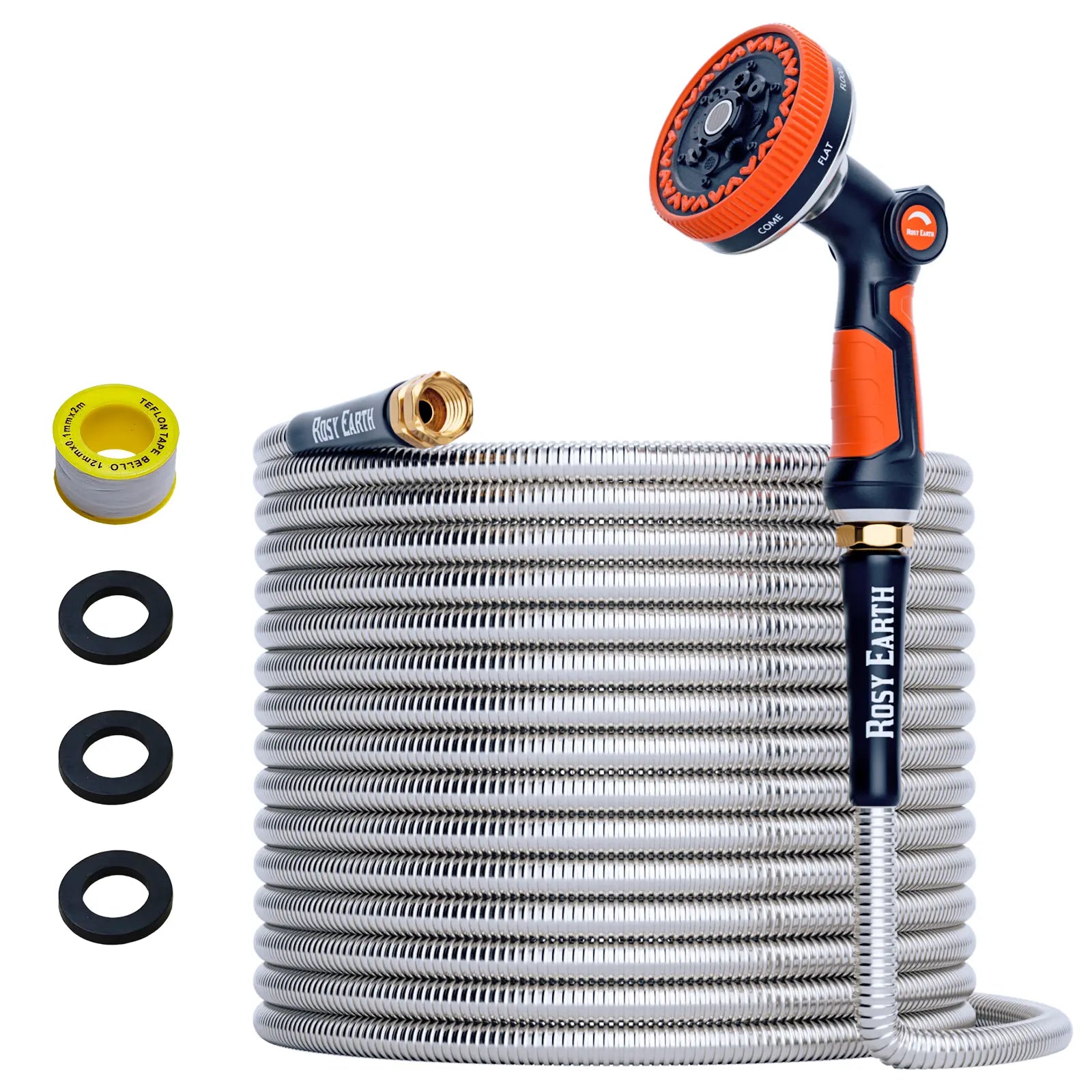 Rosy Earth Stainless Steel Garden Hose - Available in 25, 50, 75, and 100 Feet Lengths, Durable No-Kink Flexible Hose with Sprayer for Efficient Watering and Irrigation Solutions